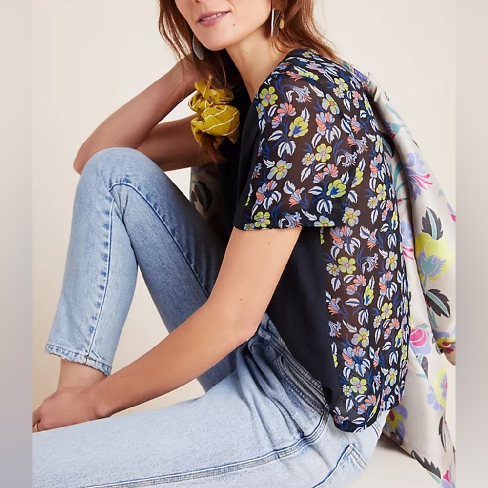 Anthropologie x Delpozo Women's Floral Dark Blue T-Shirt Floral Mesh Back Tee